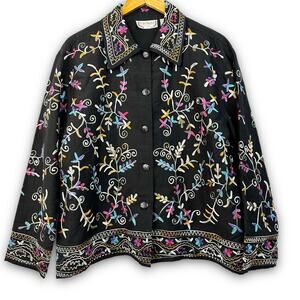 Life Style Black Floral Jacket Lightweight Silk Blend Embroidered Dressy Medium